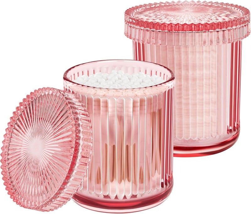 MKOSAB 2 Pack Qtip Holders for Bathroom, Clear Glass Apothecary Jars with Lids,Vintage Bathroom Canisters for Cotton Balls,Swabs,Floss Picks,Hair Ties,Vanity Organizer and Storage Decor (Pink) - Image 1